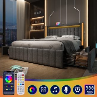 Polsterbett mit USB- und Typ-C-Anschluss, LED-Beleuchtung, 4 Schubladen, Stoffbett 160x200 cm,Grau,inklusive Matratze