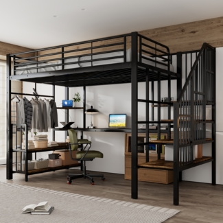 Eisenbett, Etagenbett mit Seitenleiter, Handlauf, Ladeanschluss, Kleiderbügel, Ablagefläche, Kippschutz, Eisen + MDF, Schwarz + Dunkel, 120 x 200 cm