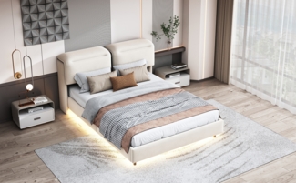 Bett 140x200 cm in cremefarbenem Samt mit hydraulischem Stauraum und LED-Beleuchtung