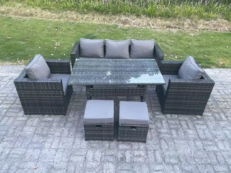 Fimous 7 Sitzer Polyrattan Gartenmöbel-Set Lounge Sofa Sessel und Rechteckiger Esstisch Set 2 kleine Fußhockern Dunkelgrau gemischt