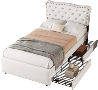 Bett Polsterbett 90x200 cm in Hellbeige mit Stauraum und verstellbarem Nachttisch,Hellbeige