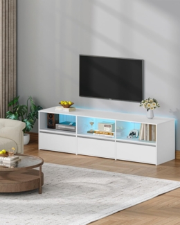 TV-Schrank, Lowboard fr Fernseher bis zu 65 Zoll mit RGB LED Beleuchtung (25 Farben), 143,5 lang, TV Board mit 3 Schubladen, 3 offenen F?chern fr Wohnzimmer, Schlafzimmer, Wei?