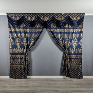 Gardinen by Justyna Verdunkelungsvorhang Barock Gardine Blau Gold, Kräuselband, verdunkelnd, Blickdicht, Kräuselband, Verdunkelt, Barock Stil, Orientalisch Perde