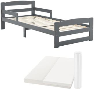 Juskys Jugendbett Arona 90x200 cm mit Matratze - Bettgestell aus Massivholz in Grau - Einzelbett mit Rausfallschutz - Stauraum unter dem Bett