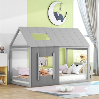 Kinderbett 90x200 cm in Hausform, Montessori Bett mit Dach und Fenster,offenes Design zum Dekorieren, Grau