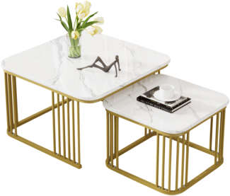 Couchtisch 70x70x45/50x50x36,5 cm, 2er-Set, Hochglanz-Marmoroptik, MDF, weiß