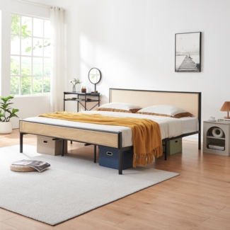 Metallbett Linköping mit rechteckigem Kopfteil 180x200 cm Schwarz/Rattanoptik [en. casa]