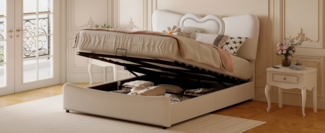 Herz-Gasdruckbett mit LED-Beleuchtung und USB, 160x200cm Beige Samt