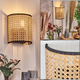 hofstein Wandleuchte Wandlampe aus Metall/Rattan/Wienergeflecht/Stoff in Schwarz/Natur, Wandleuchte Boho-Design, Stecker u. Schalter, abnehmbares Kabel, E27