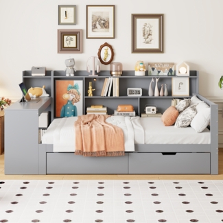 Multifunktionales Schlafsofa Grau 90x200 Mit Schreibtisch USB Steckdose Stauraum Massivkiefer 120kg Tragkraft Jugendzimmer Arbeitsbett