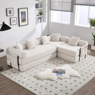 Flieks Großes Familiensofa, modular als Schlafsofa und Wohnlandschaft nutzbar, frei kombinierbare Module, Seitentasche, Beige