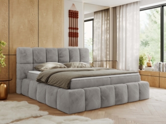 Boxspringbett mit dekorativem Kopfteil, Doppelbett mit zwei 7 Härtezonen Multipocket-Matratzen, Bettkästen, Polsterbett - NIRA - 120 x 200 cm - Hellgrau Stoff - H3