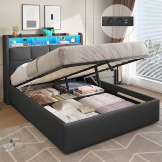 MSMASK Polsterbett mit LED Beleuchtung und Steckdosenleiste