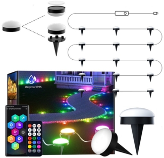 PRIISF LED Gartenleuchte Bodenleuchte Wegeleuchte Gartenleuchte mit Erdspieß RGB Lichterkette, Hofbeleuchtung, 5V USB-Stecker, 10M, 15er-Set, 16 Millionen Farben, 9 dynamischen Musikmodi, Gartenlampe Xmas Party Beleuchtung Bluetooth App mit Fernbedienung