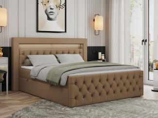 Boxspringbett, Stauraumbett mit Bettkasten, LED - GOLD-9 - 200x200cm - Braun Kunstleder - H3