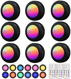 OYLCDI Unterschrankleuchte 3/6/9/12 Stück Batteriebetrieben LED RGB Spots mit Fernbedienung, 13 Farbwechsel Kabellos Vitrinenbeleuchtung, Küche LED Lampe zum Kleben Schranklicht, Dimmbar Unterbauleuchte, Nachtlicht mit Fernbedienung und Timing-Funktion