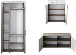 Garderobe FUNNY 5-TLG Hochschrank Paneel Spiegel Schuhkommode Bank Weiß/Eiche