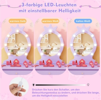 COSTWAY Schminktisch Kinderschminktisch mit Hocker, mit LED Beleuchtung