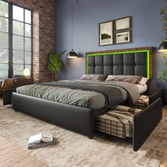 Bett Polsterbett 160x200 cm, PU-Schwarz mit LED, 4 Schubladen und höhenverstellbarem Kopfteil