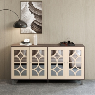 Merax Spiegel-Sideboard 160 x 40 x 85 cm mit coolen Kristallgriffen, 4 Türen, mit abnehmbarem Laminat, geeignet für Wohn- und Esszimmer, Holz und Braun