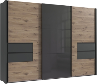 SCHWEBETÜRENSCHRANK B312/H216/T65 cm, Korpus+Passepartout+Schubladen Grafit, Türen eichefarben / Glas Grau, inkl. Vollausstattung