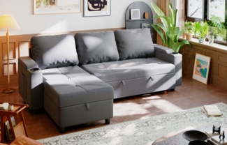 GUNJI Ecksofa L-förmiges Sofa mit Gästebettfunktion und multifunktionalem Stauraum, Ausgestattet mit 2 Becherhaltern, 1 Seitentasche, 1 kleinem Staufach und 1 Unterbettfach.