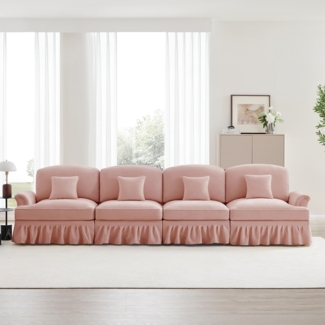 Elegantes großes 4-Sitzer Sofa, Mid-Century-Stil, aus Chenille mit Trichter-Armlehnen, abnehmbarer Rüschenschürze & spindelförmigen Beinen, rosa,