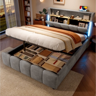 Flieks Polsterbett, Hydraulisches Stauraumbett 140×200cm mit LED-Beleuchtung und Aufladen