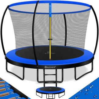 KESSER® Trampolin Gartentrampolin | TÜV Rheinland GS Zertifiziert | Kindertrampolin bis 150 kg | Komplettset mit Sicherheitsnetz, Leiter, Randabdeckung & Zubehör, Blau / Schwarz, 305 cm