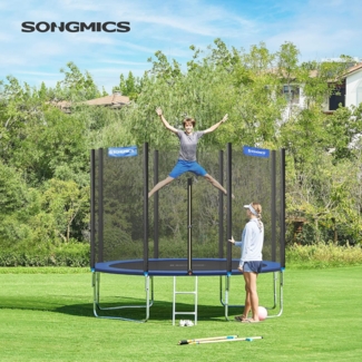 Songmics Trampolin mit Sicherheitsnetz, Leiter und gepolsterten Stangen, schwarz-blau, Ø 305 cm