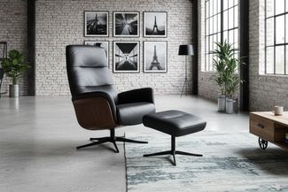 KAWOLA Relaxsessel SILVA Drehsessel Leder schwarz mit Hocker 109 x 85 x 78 cm