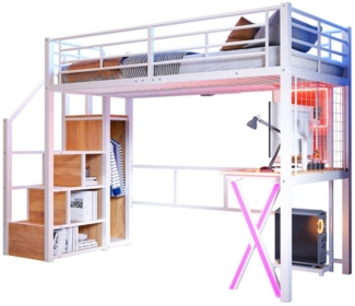 TavilaEcon Hochbett mit Ambientelicht, Ablageleiter, Schreibtisch & Kleiderschrank (Ohne Matratze) Kinderbett Jugendbett, 90x200 cm