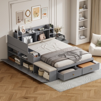 Merax Doppelbett, Massivholz-Kombi-Bett 140*200cm, Kopfteil mit eingebautem Staufach, mit Schubladen, mit Nachttisch, mit Stauraum-Langschrank, mit Sofabank, Stauraumbett Tatamibett, Grau