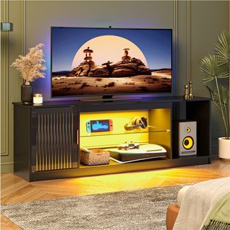 Bestier TV-Schrank Lowboard für 65 Zoll & kleinere TVs, 144.8 x 35 x 52 cm, (Fernsehschrank mit RGB-LED-Leuchten) Fernsehtisch mit verstellbaren Glasböden für Wohnzimmer, Schwarze