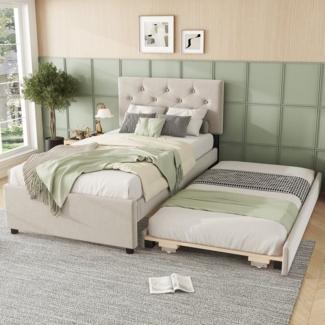 STILVORA Polsterbett 90x200 mit ausziehbett,Jengendbett Bettgestell mit Lattenrost,Beige (Polsterbett,mit Rollcontainer, Samtbezug, Minimalistisches Design, Multifunktional mit Lattenrost, 90x200cm), ohne Matratze