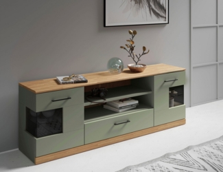 Home affaire Lowboard Ribe,160cm breit,55cm hoch,Oberplatte Eiche massiv, Eiche massiv,Melamin in Salbeigrün,schwarze Metall Griffe