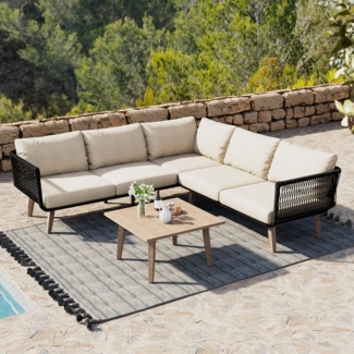 Flieks Gartenlounge-Set, 5-Sitzer Gartenmöbel, Sofa aus geflochtenem Seil, Tisch in Holzfarbe