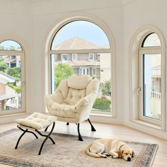 Loungesessel Set mit Hocker, Polyester Bezug, Metallgestell, bis 150kg, ergonomisch, klappbar, für Wohnzimmer Garten,Beige