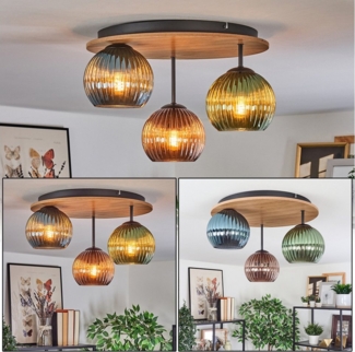 hofstein Deckenleuchte Deckenlampe aus Metall/Holz/Riffelglas, Schwarz/Natur/Blau/Grün/Kupfer, Deckenleuchte im Retro/Vintage-Design (Schirme Ø 15 cm), 3 x E27