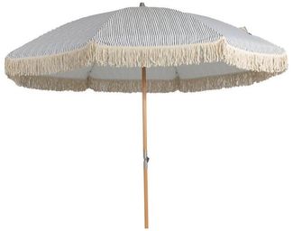 Sonnenschirm Gatsby aus Buchenholz und Polycotton, rund, klappbar, grau weiß, Ø 256 cm