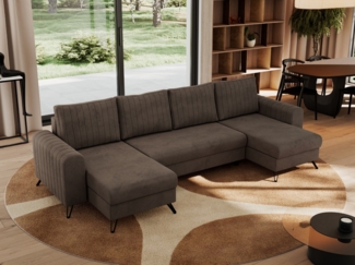 U-förmige Ecksofa, XXL Universalecke mit losen Kissen zum Wohnzimmer, Bettkästen und Schlaffunktion, schwarze Metallbeine - AXEL U - Braun Velours