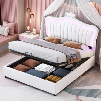 Weiß Rosa Prinzessinnen Bett 140x200 cm Mit Hydraulischem Stauraum Und LED Beleuchtung Kinderbett Mit Krone Muschel Design Märchenbett Mit RGB Licht
