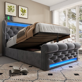 MODFU Polsterbett Hydraulisches Samt-Bett, rautenförmige Knopfknoten (Funktionsbett, 1-tlg, 90x200 cm, ohne Matratze), mit USB- und Typ-C-Anschlüssen, LED-Leuchten