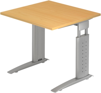 bümö höhenverstellbarer Schreibtisch U-Serie 80x80 Buche, Gestell in Silber - PC Tisch klein für's Büro manuell höhenverstellbar, Computertisch verstellbar, US-08-6-S