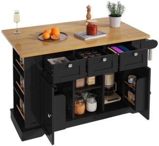 SeedWave Kücheninsel mit klappbarer 70 cm Tischplatte, 3 Schubladen, USB-Ladestation, Doppeltüren, Seitenregalen, Rollen mit Feststeller
