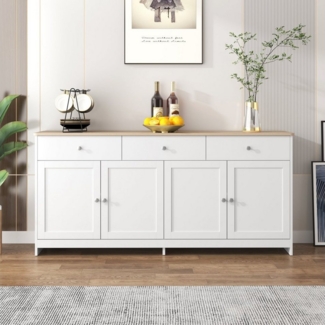 Ulife Sideboard Weiß Kommode mit 3 Schubladen und 4 Klappen, 160 x 37 x 75 cm