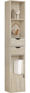 WOLTU Bücherregal Bücherschrank, Standregal mit Schubladen, Regal mit Tür, Büroregal, Aufbewahrungsregal für Wohnzimmer Schalfzimmer, helle Eiche, 30 x 158 x 24 cm, SK028hei