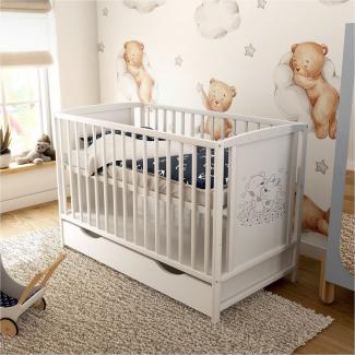 Baby-Delux Babybett Mia Bettkasten, Kinderbett 60x120 cm weiß Schublade Kiefer Teddy Motiv Matratze