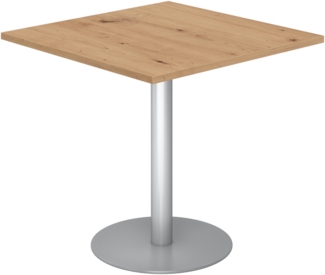 bümö Besprechungstisch, Esstisch klein, Tisch eckig 80x80 cm - kleiner Esstisch Asteiche, Rundtisch Esstisch 2 Personen mit Holz-Platte, Säule aus Metall in silber, Konferenztisch, Bistrotisch, STF88-R-S