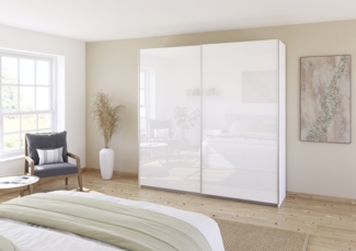 rauch Quadra, Kleiderschrank, Schiebetürenschrank, 2-türig, mit Glasfront, mit 3 Kleiderstangen und 6 Einlegeböden, Farbe Weiß/Glas Weiß, BxHxT 226x229x62cm